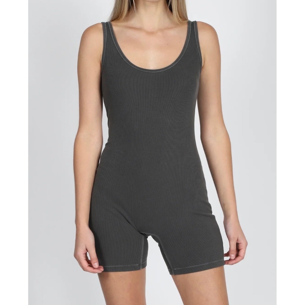 Brunette The Label Ribbed Romper Charcoal Grey Scoop Neck Unitard Womens M/L
